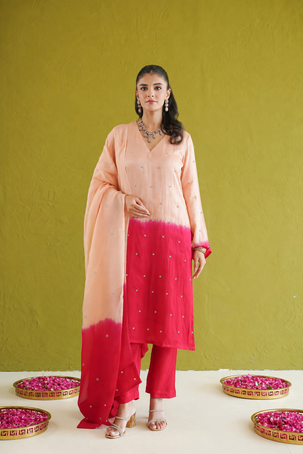 Red Ombre Embroidered Suit Set