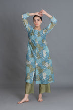 Ocean Blue Floral Print Kurta Co-Ord with scraff