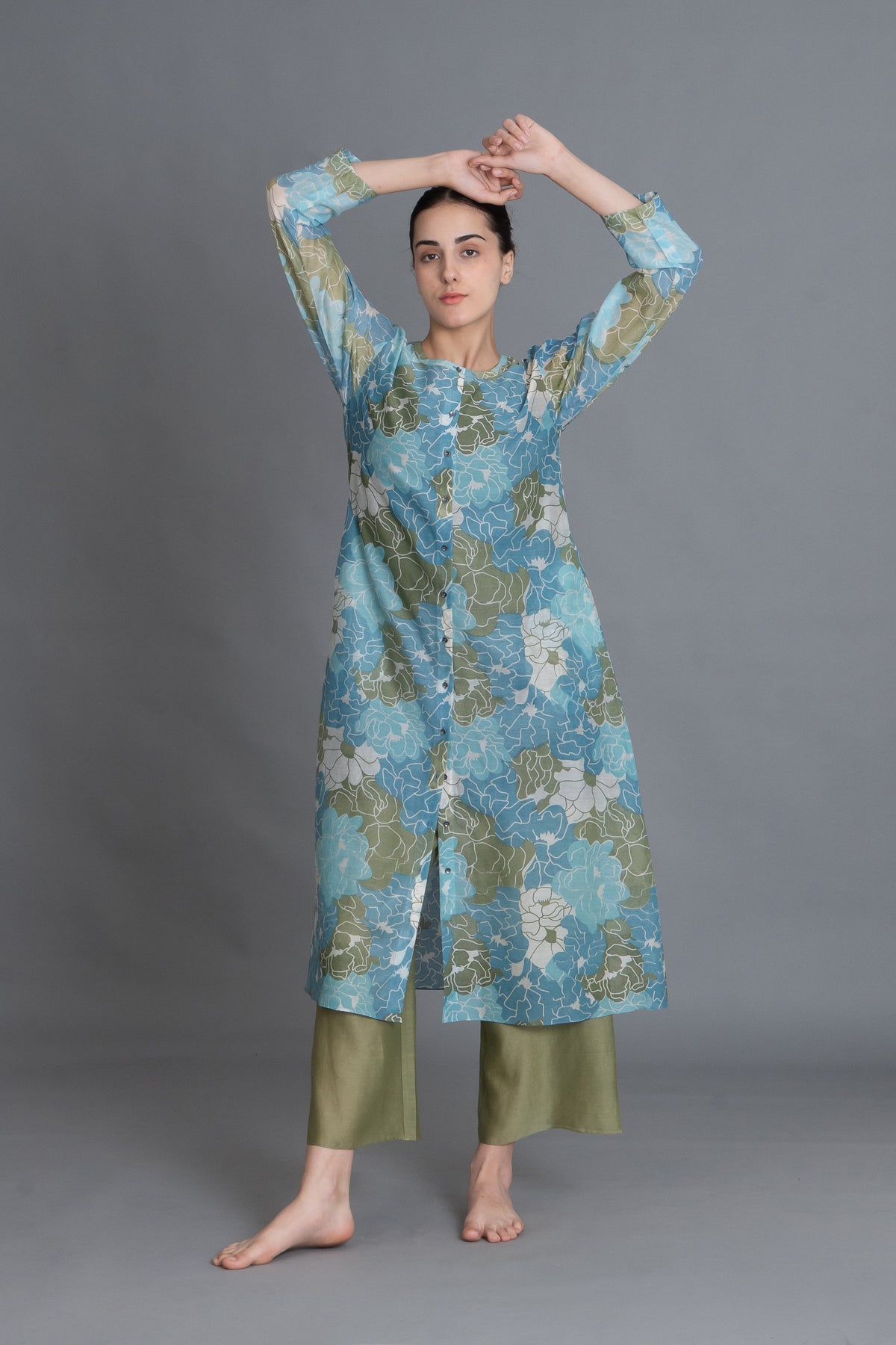 Ocean Blue Floral Print Kurta Co-Ord with scraff