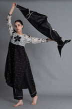 Black Printed Embroidered Dress Co-ord with Scraff
