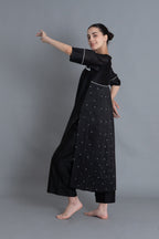 Black Floral Embroidered Pleated Dress Co-ord with Scraff