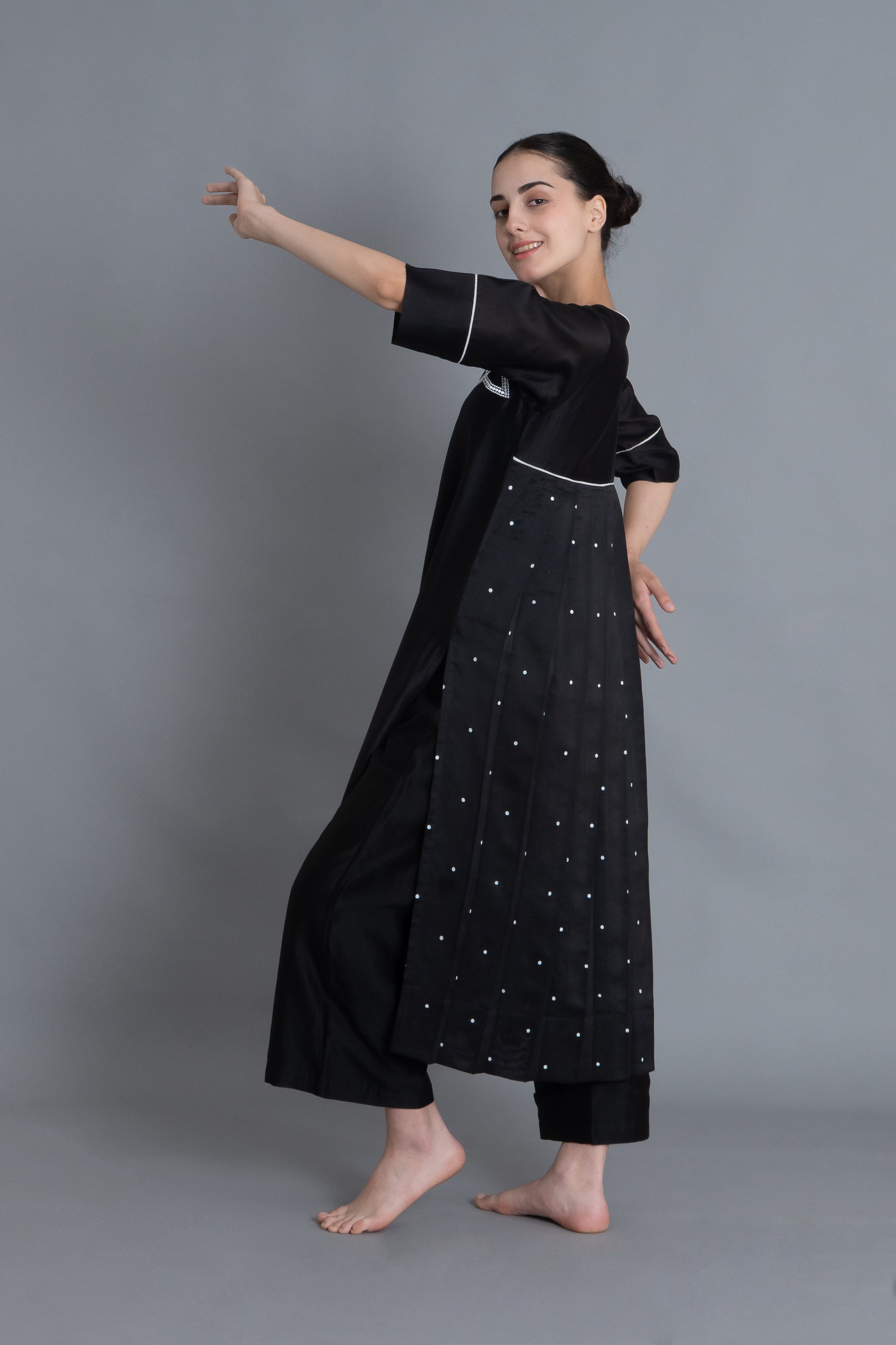 Black Floral Embroidered Pleated Dress Co-ord with Scraff