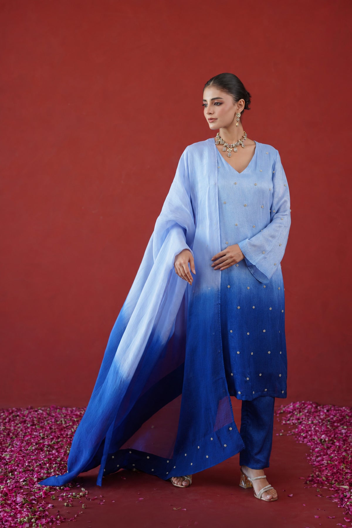 Blue Ombre Embroidered Suit Set