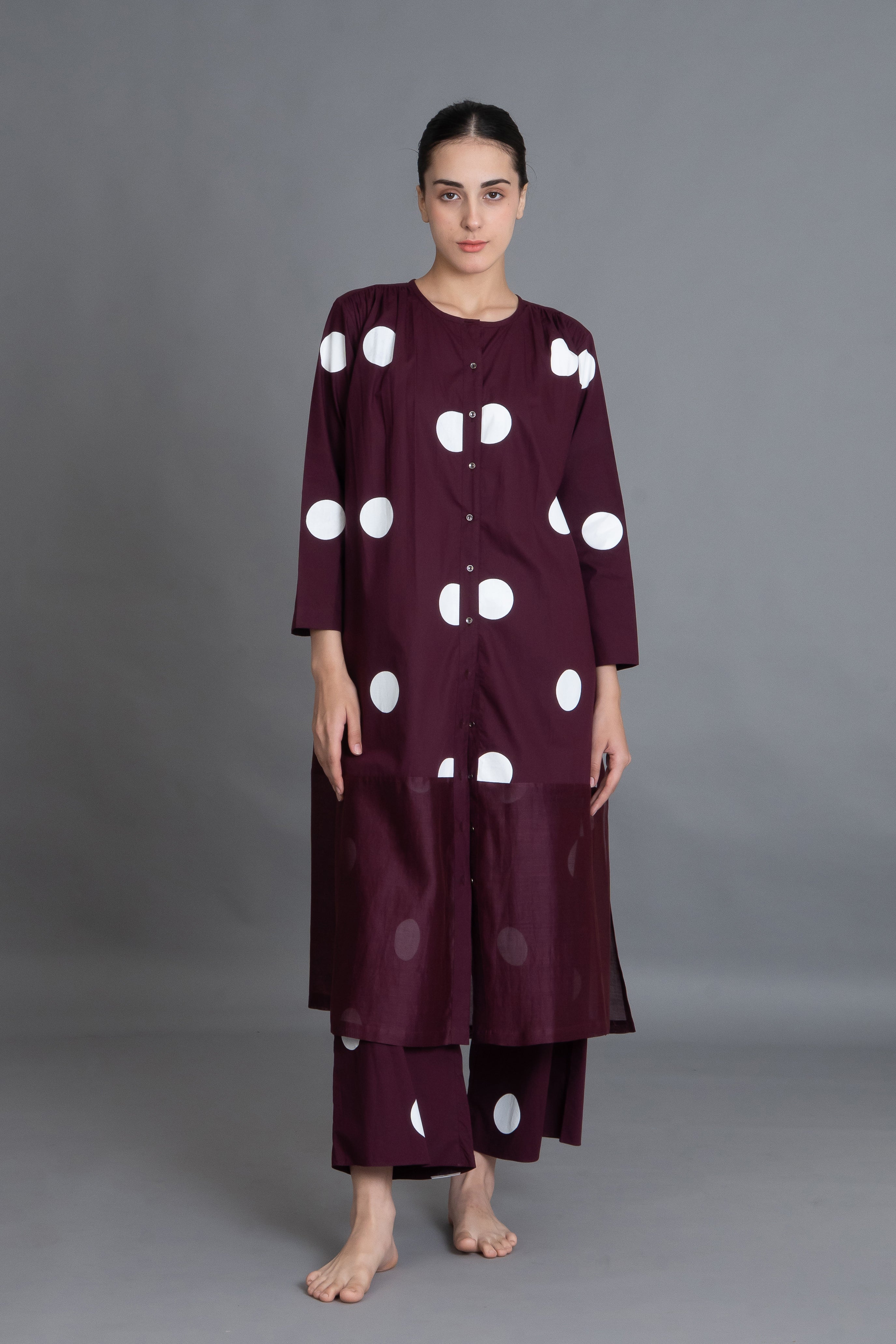 Maroon Polka Chanderi Gathered Dress Co-ord with Scraff