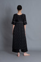 Black Floral Embroidered Pleated Dress Co-ord with Scraff