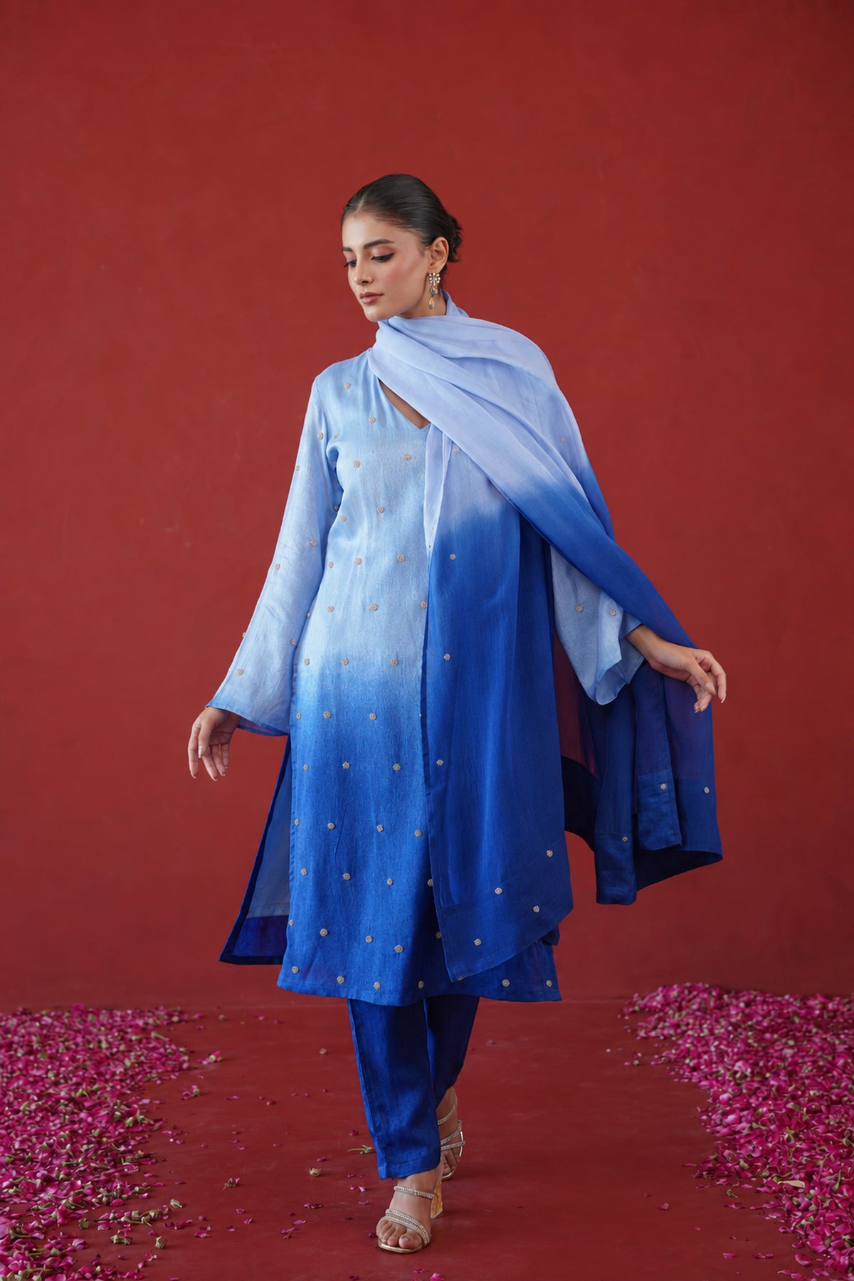 Blue Ombre Embroidered Suit Set