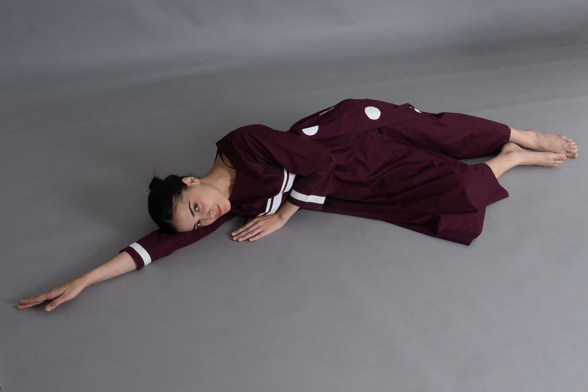Maroon Polka Pleated Back Dress Co-ord