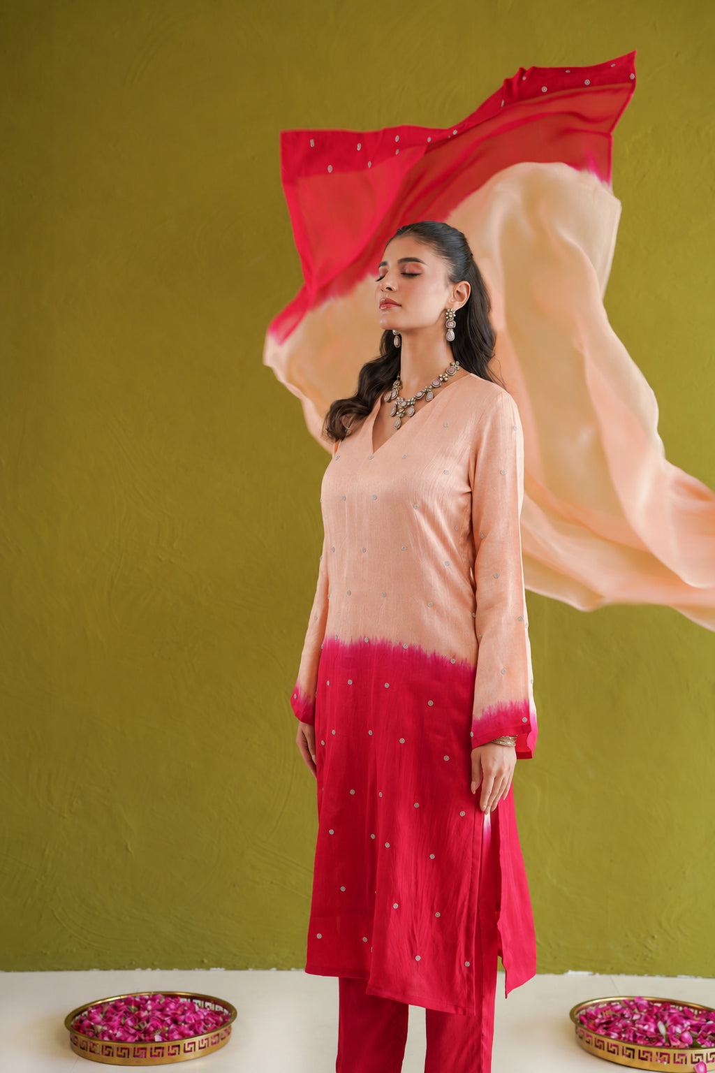 Red Ombre Embroidered Suit Set