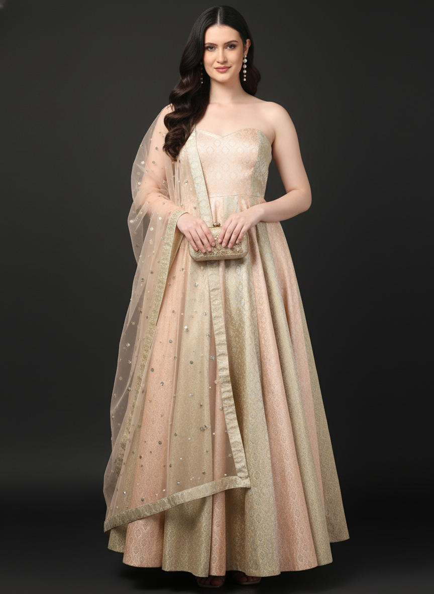 Two Tone Brocade Anarkali Gown with Dupatta