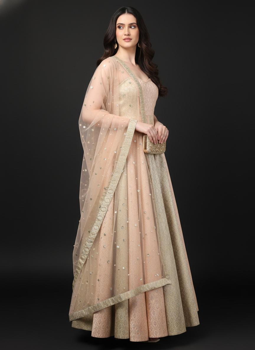 Two Tone Brocade Anarkali Gown with Dupatta