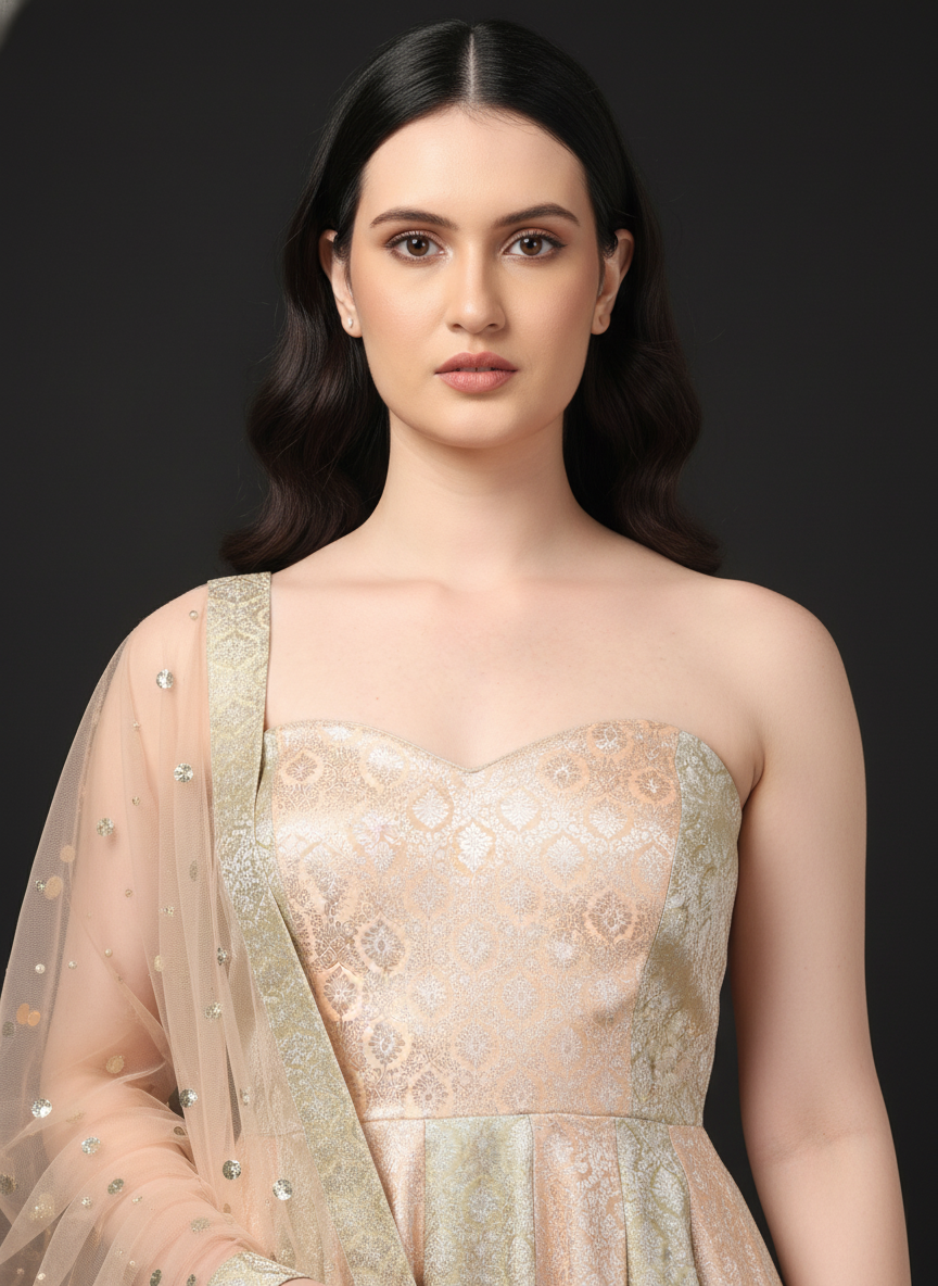 Two Tone Brocade Anarkali Gown with Dupatta