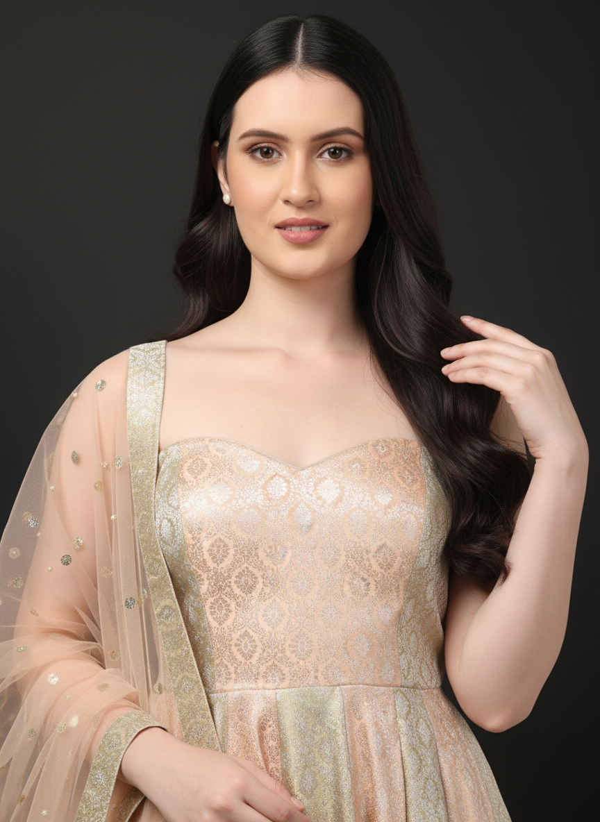 Two Tone Brocade Anarkali Gown with Dupatta