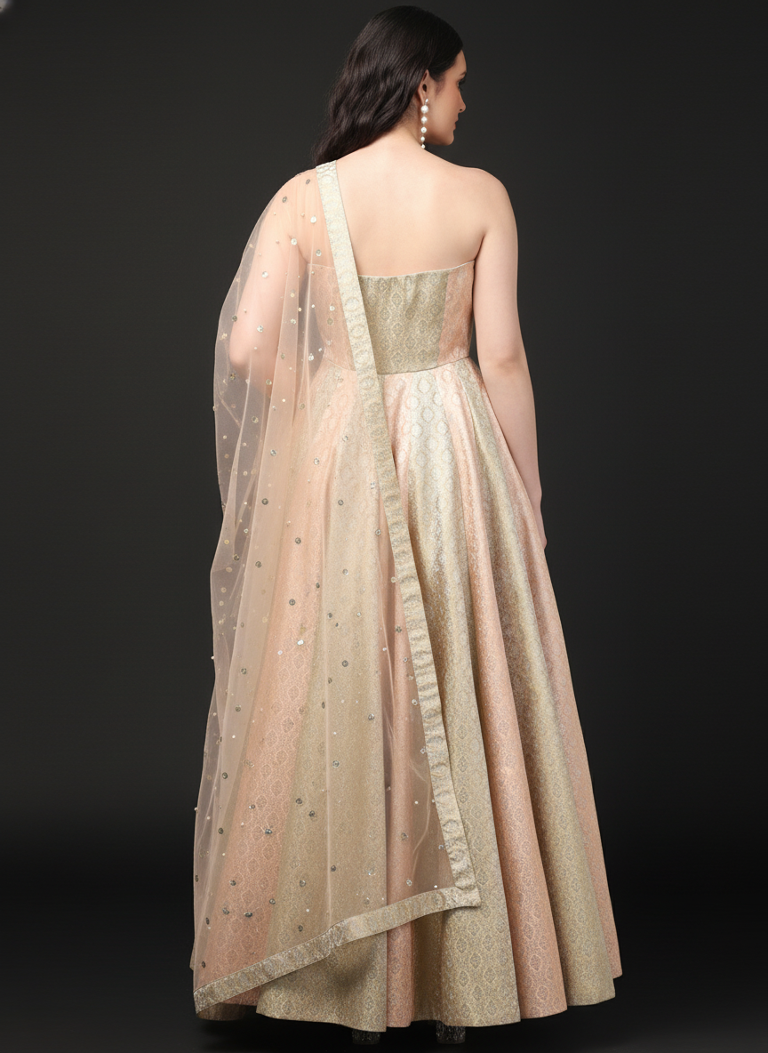 Two Tone Brocade Anarkali Gown with Dupatta