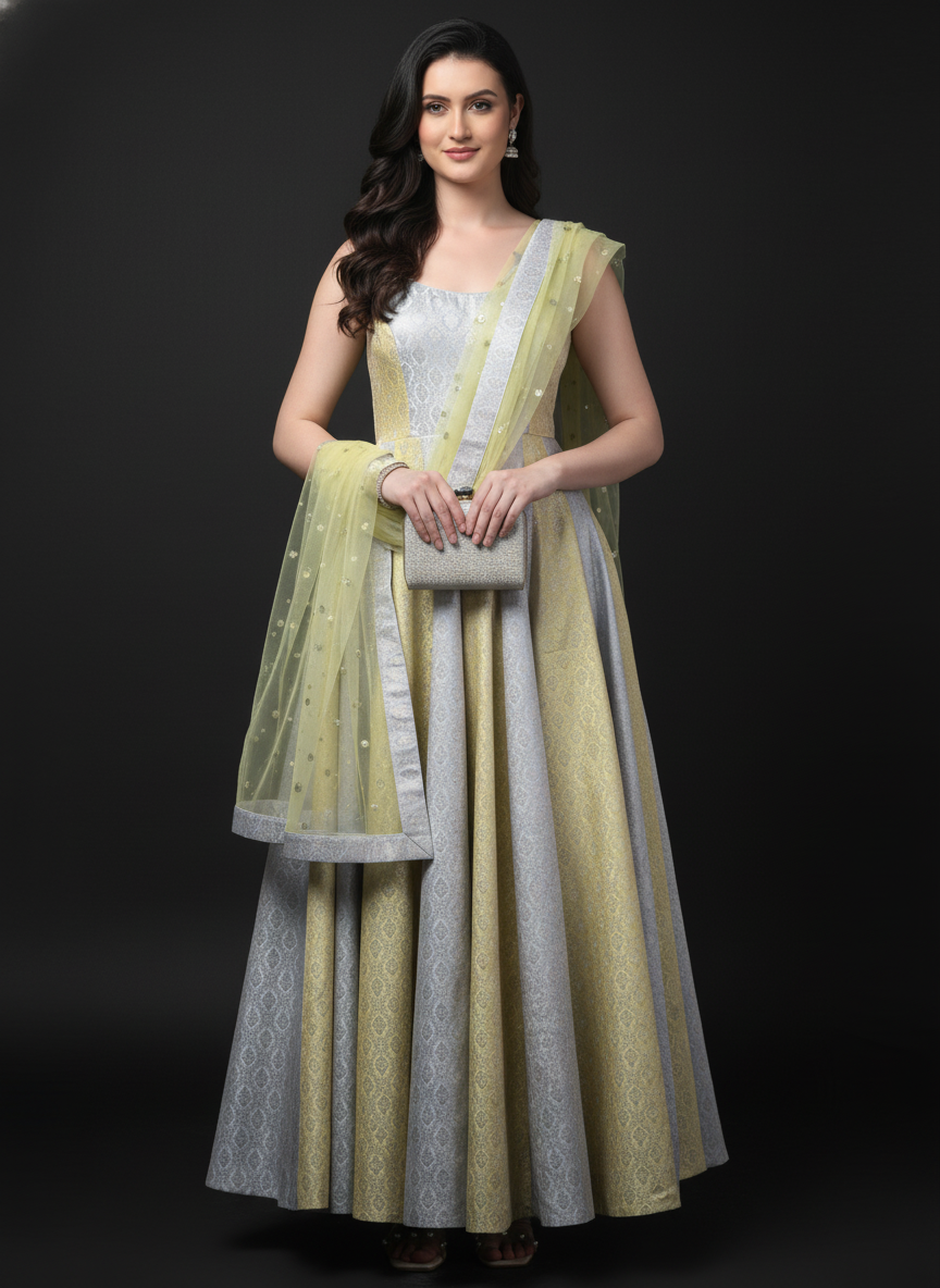 Two Tone Brocade Anarkali Gown with Dupatta