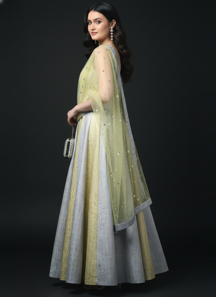 Two Tone Brocade Anarkali Gown with Dupatta