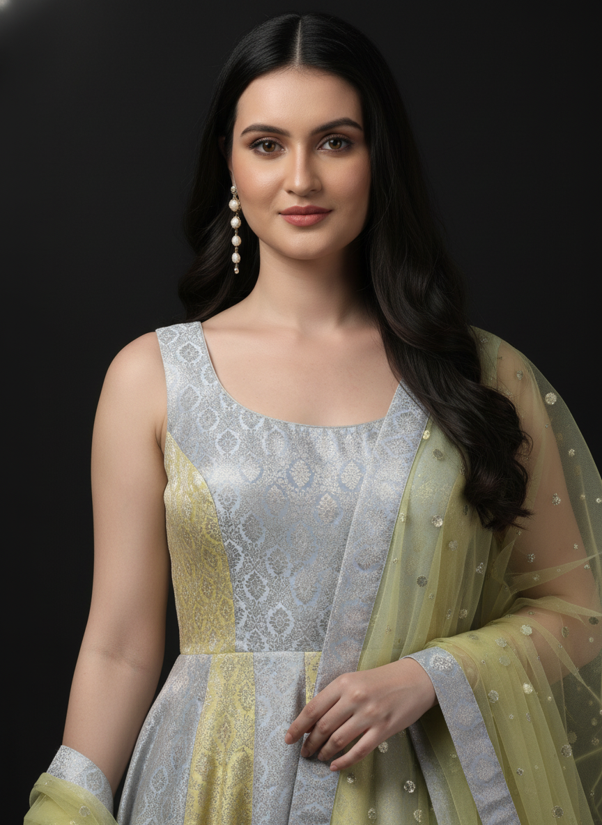 Two Tone Brocade Anarkali Gown with Dupatta
