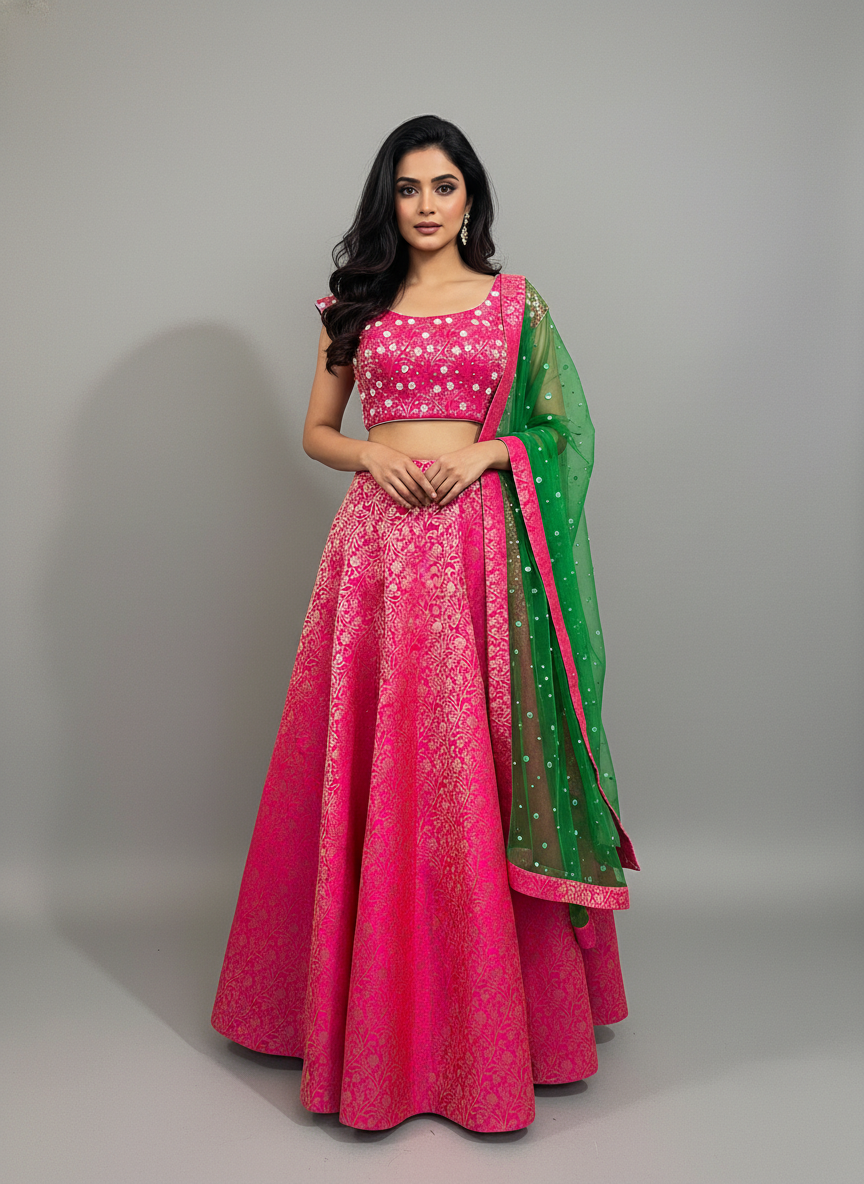 Magenta Banarasi Lehenga Set with Green Embellished Dupatta