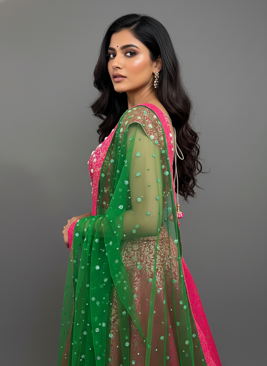 Magenta Banarasi Lehenga Set with Green Embellished Dupatta