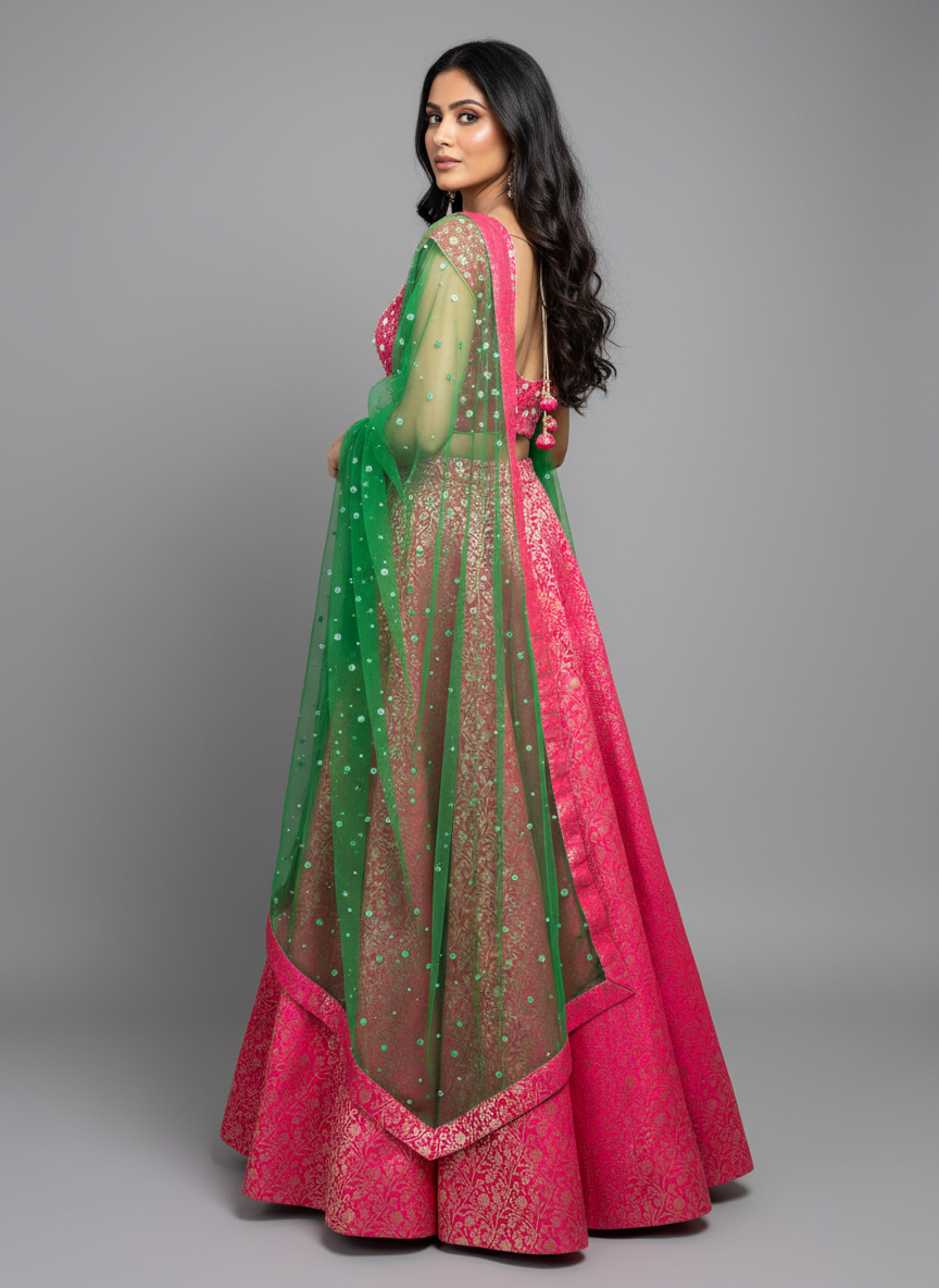 Magenta Banarasi Lehenga Set with Green Embellished Dupatta