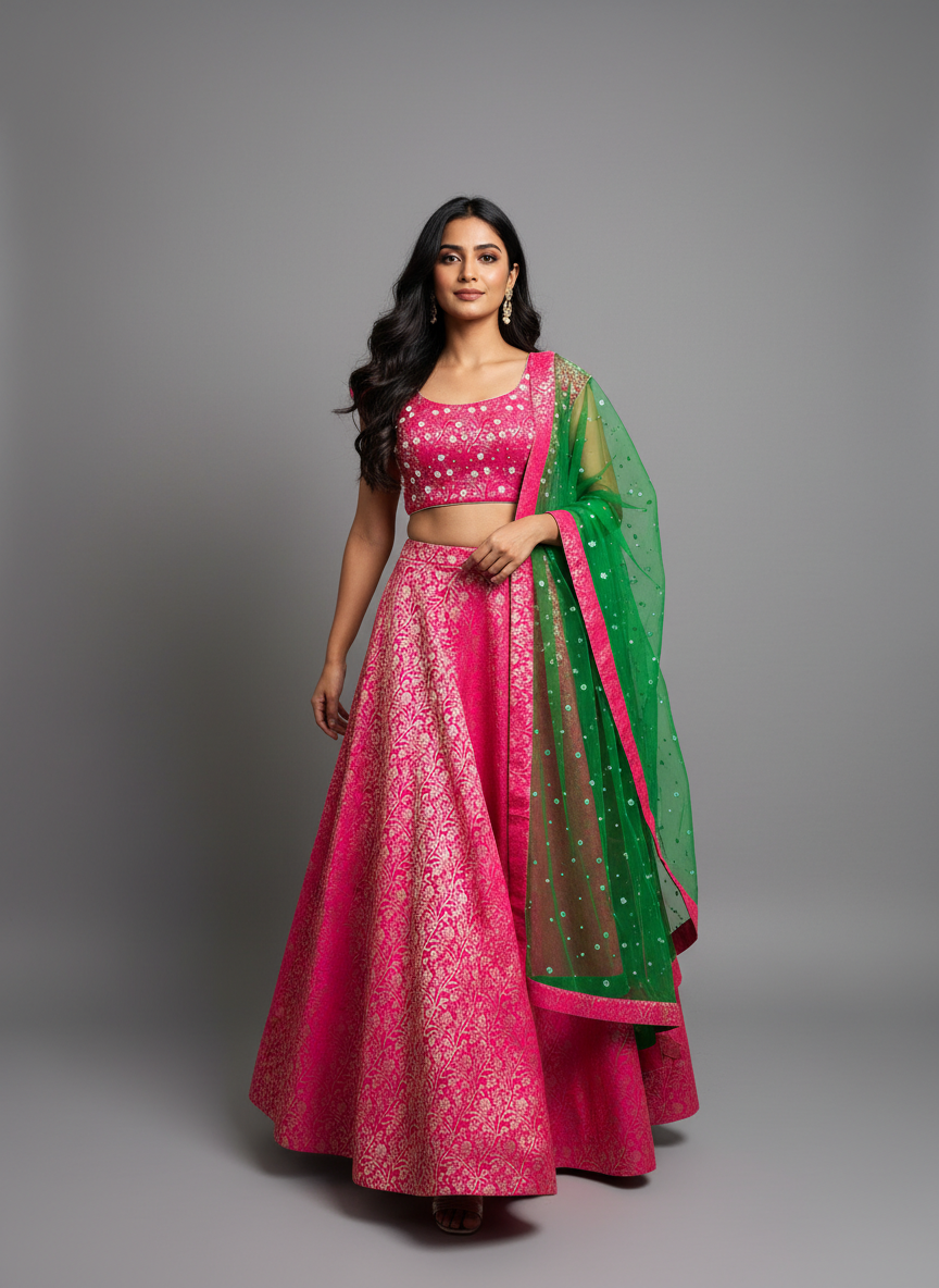 Magenta Banarasi Lehenga Set with Green Embellished Dupatta