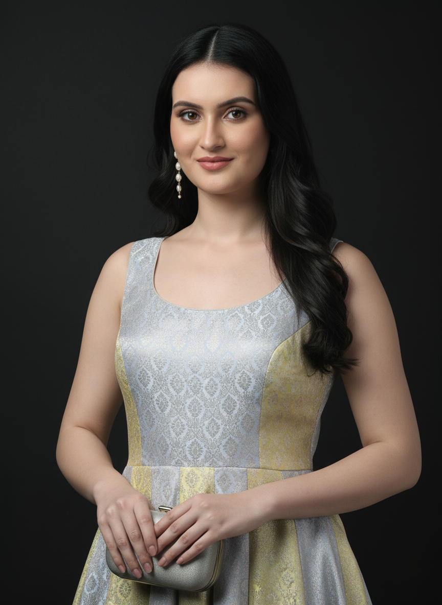 Two Tone Brocade Anarkali Gown with Dupatta
