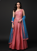 Watermelon Pink Banarasi One-Shoulder Gown with Blue Dupatta