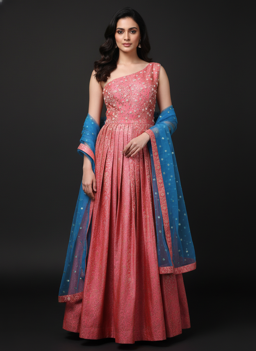 Watermelon Pink Banarasi One-Shoulder Gown with Blue Dupatta