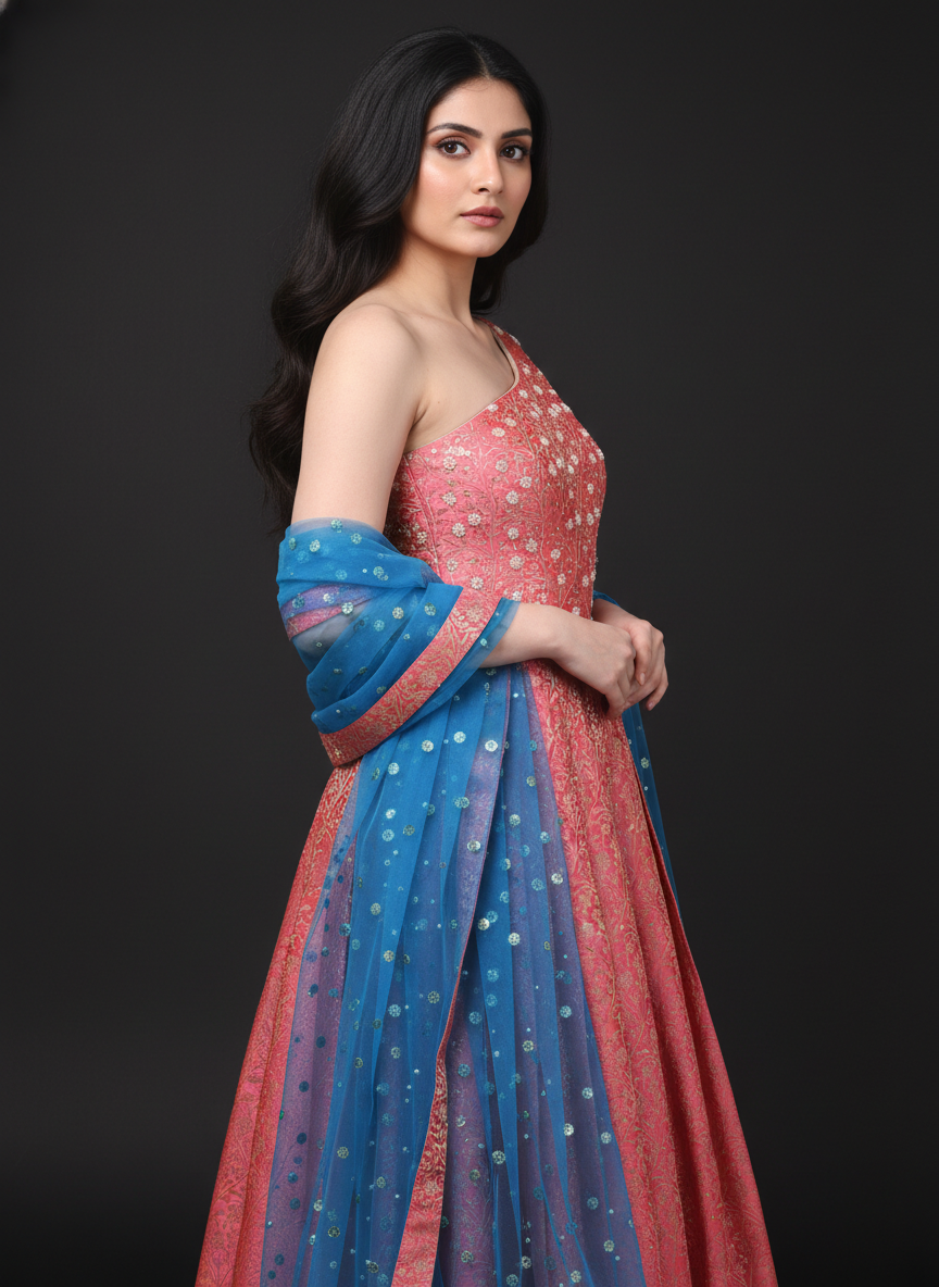 Watermelon Pink Banarasi One-Shoulder Gown with Blue Dupatta