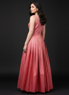 Watermelon Pink Banarasi One-Shoulder Gown with Blue Dupatta