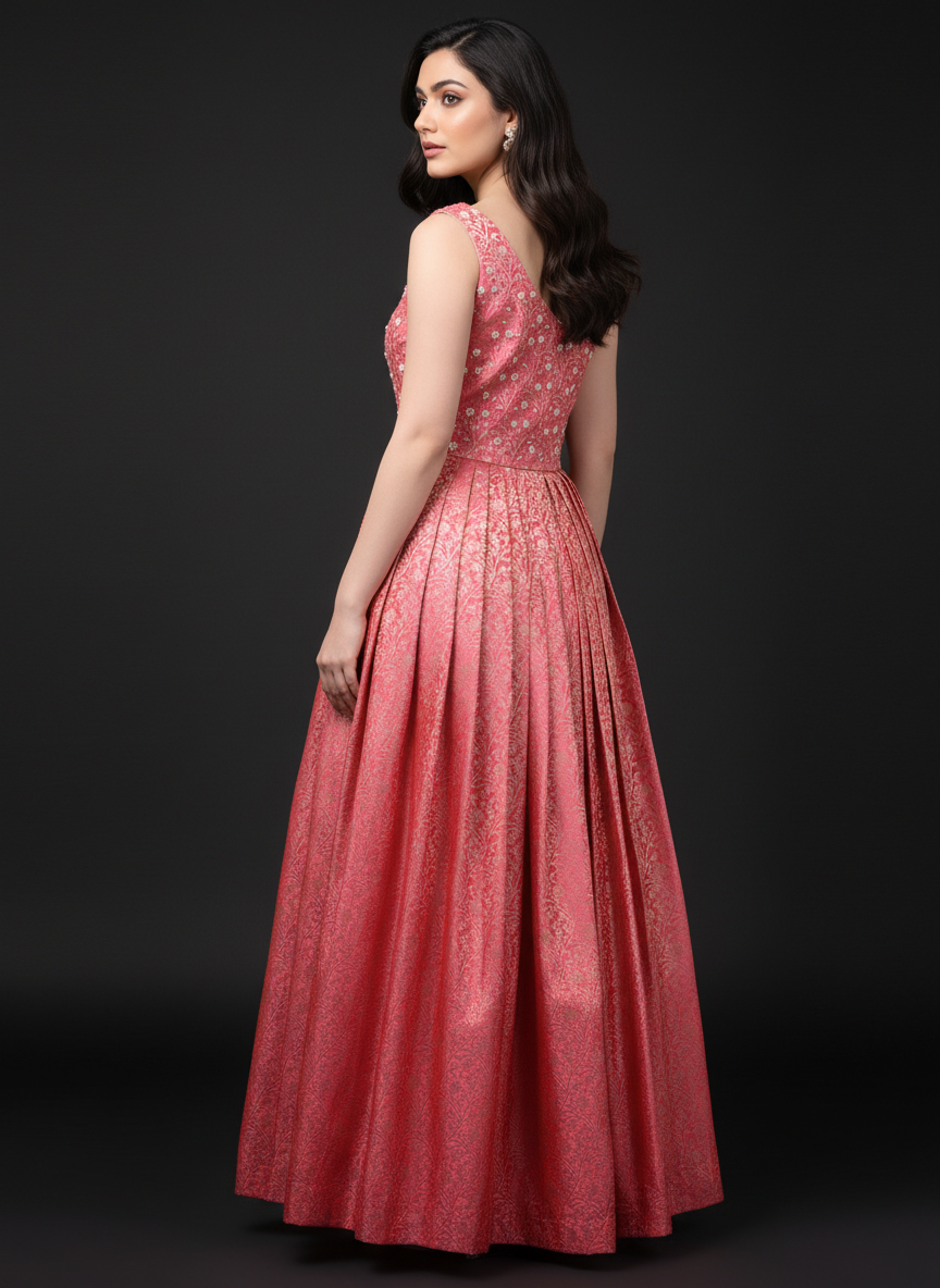 Watermelon Pink Banarasi One-Shoulder Gown with Blue Dupatta
