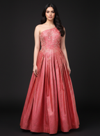 Watermelon Pink Banarasi One-Shoulder Gown with Blue Dupatta