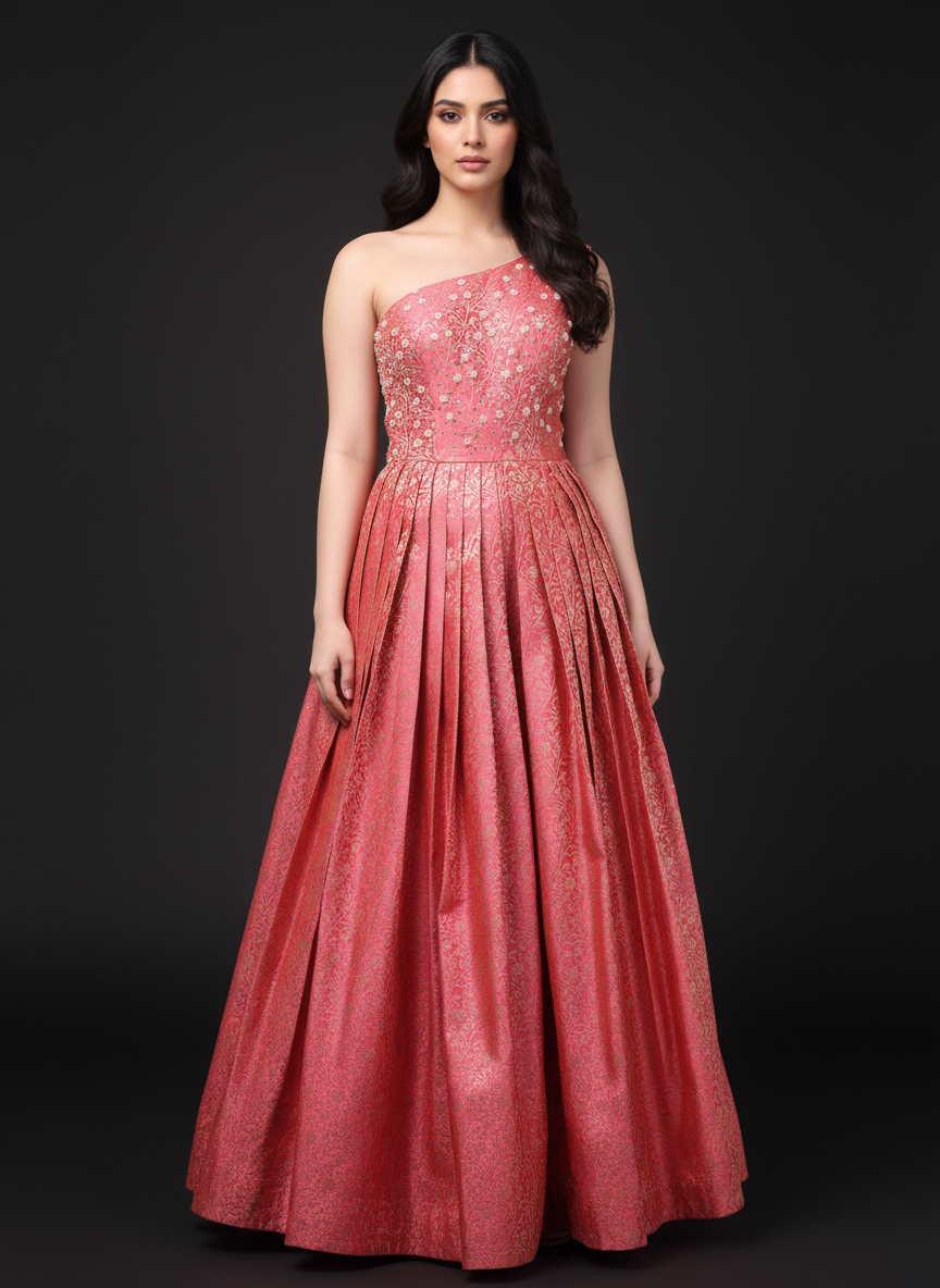 Watermelon Pink Banarasi One-Shoulder Gown with Blue Dupatta