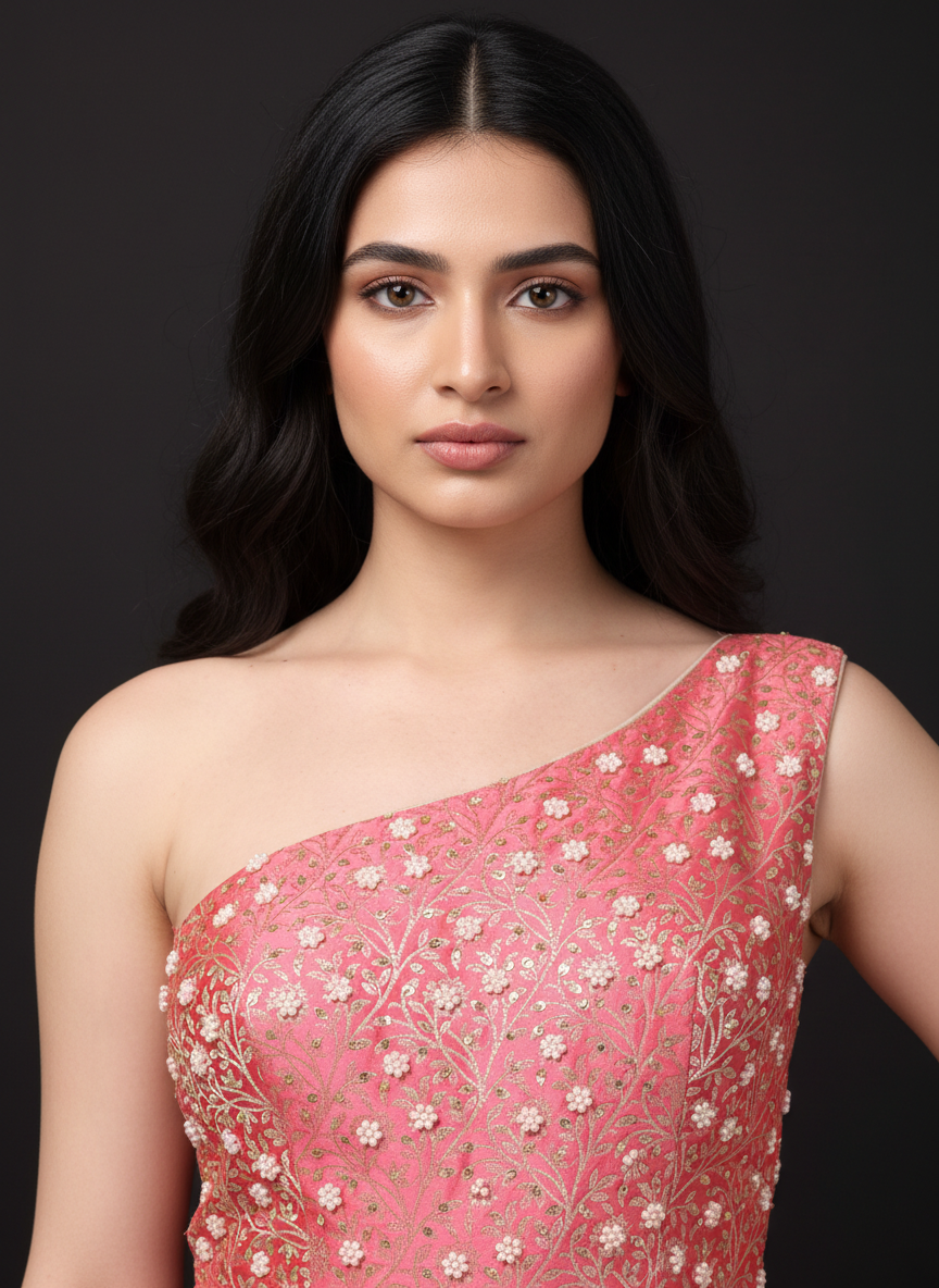 Watermelon Pink Banarasi One-Shoulder Gown with Blue Dupatta