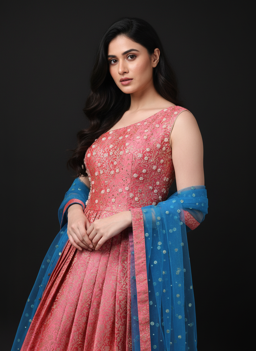 Watermelon Pink Banarasi One-Shoulder Gown with Blue Dupatta