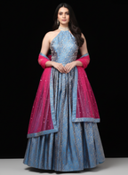Blue Banarasi Brocade Gown with Magenta Dupatta