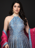 Blue Banarasi Brocade Gown with Magenta Dupatta
