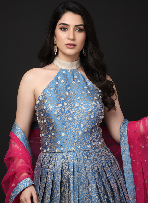 Blue Banarasi Brocade Gown with Magenta Dupatta