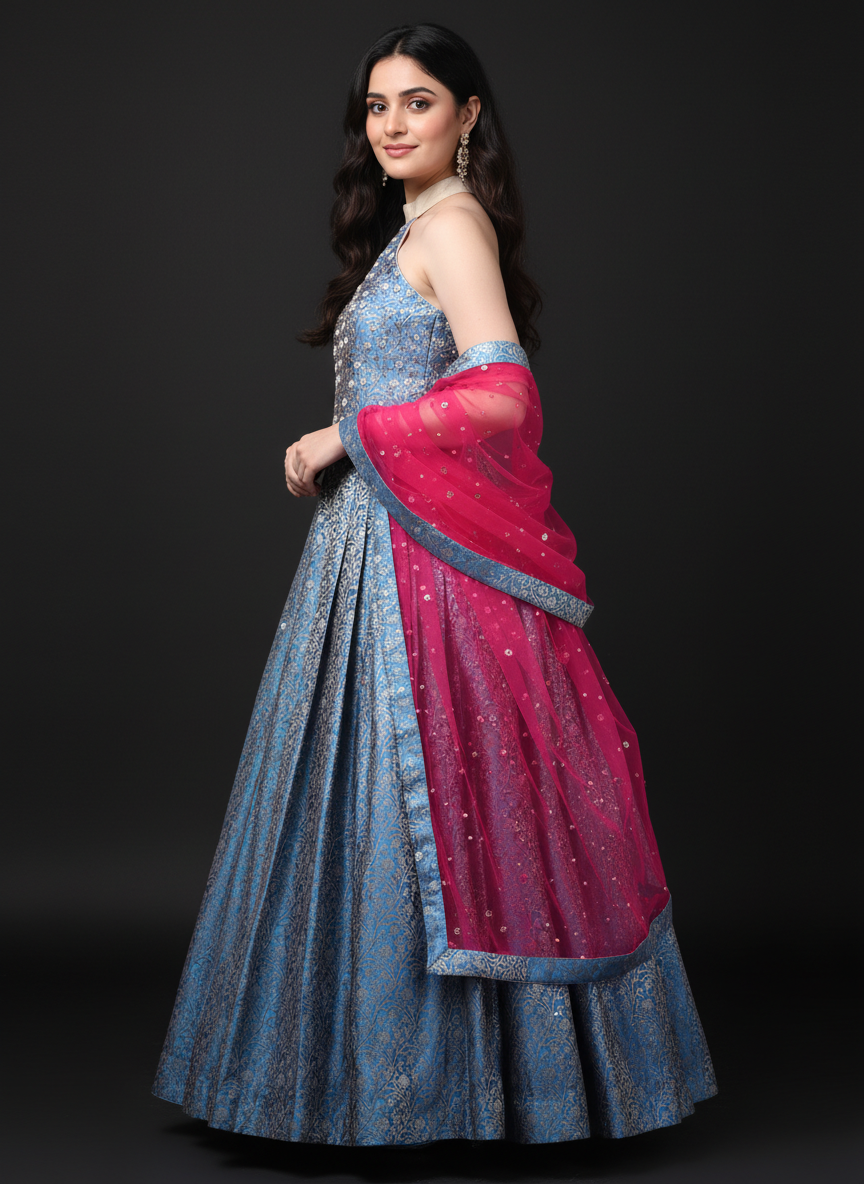 Blue Banarasi Brocade Gown with Magenta Dupatta