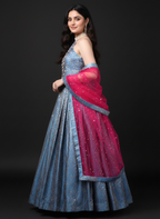 Blue Banarasi Brocade Gown with Magenta Dupatta