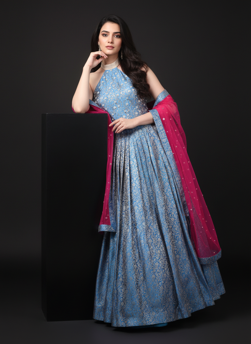 Blue Banarasi Brocade Gown with Magenta Dupatta