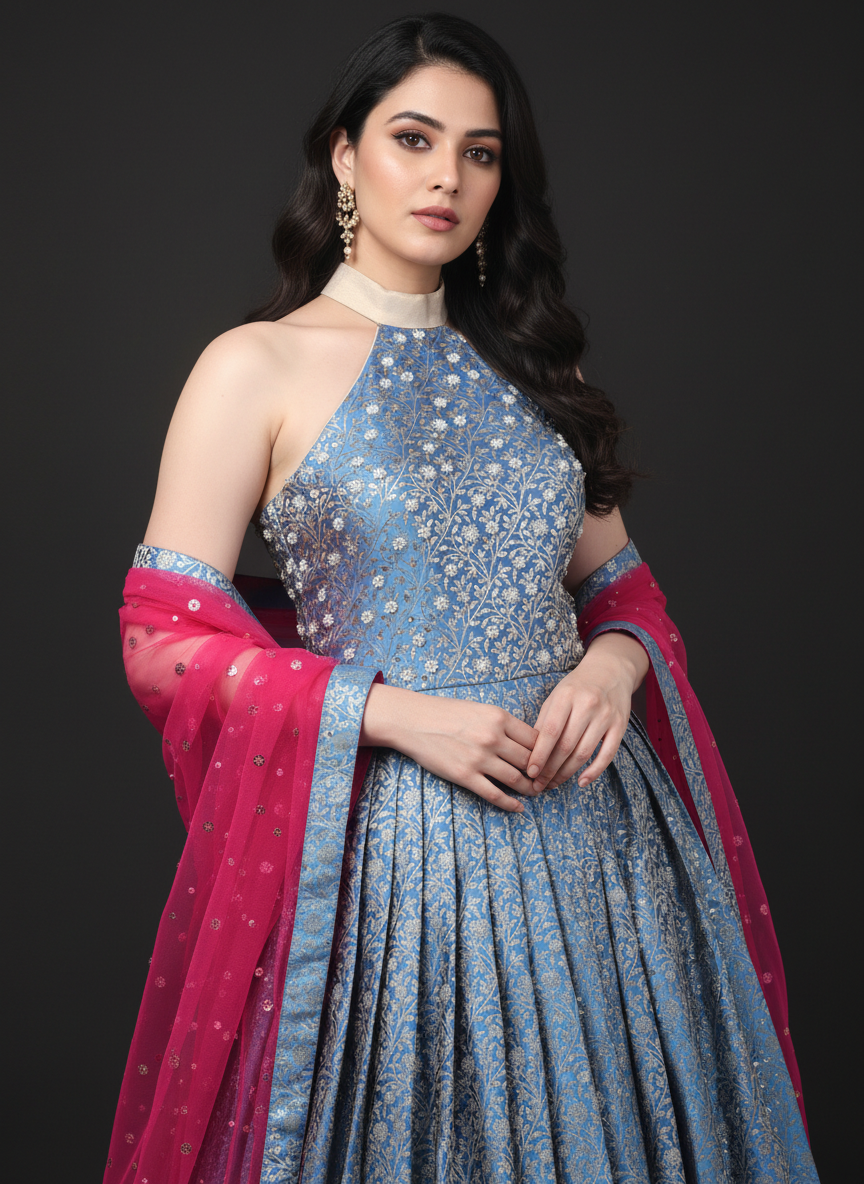 Blue Banarasi Brocade Gown with Magenta Dupatta