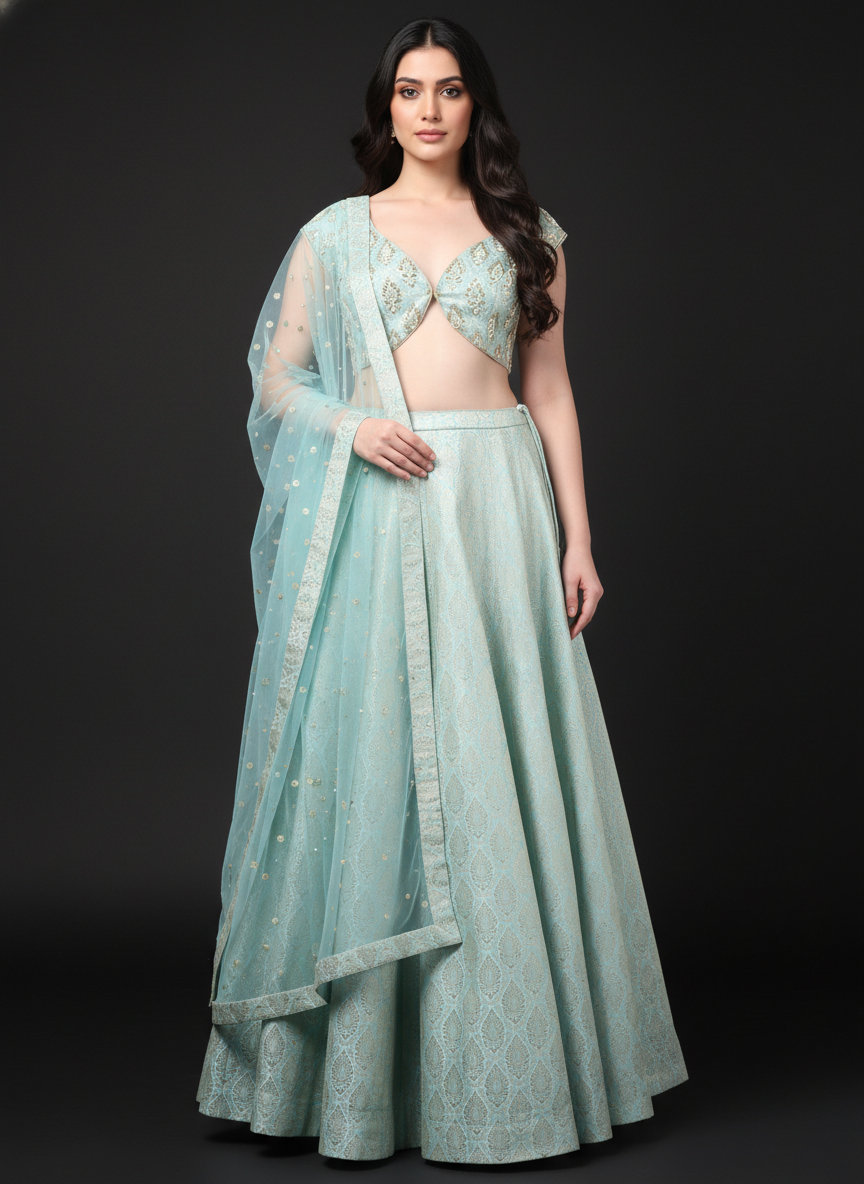Misty Green Banarasi Lehenga Set with Net Embellished Dupatta