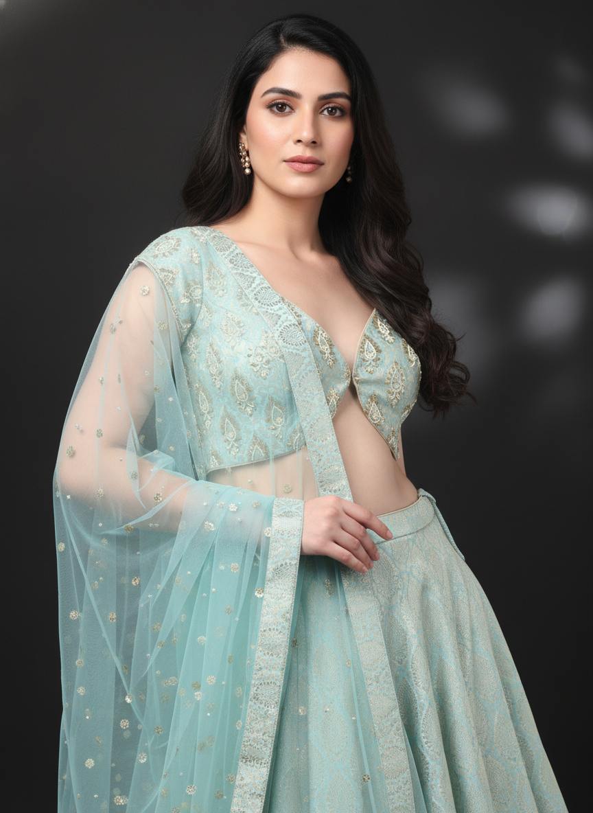 Misty Green Banarasi Lehenga Set with Net Embellished Dupatta