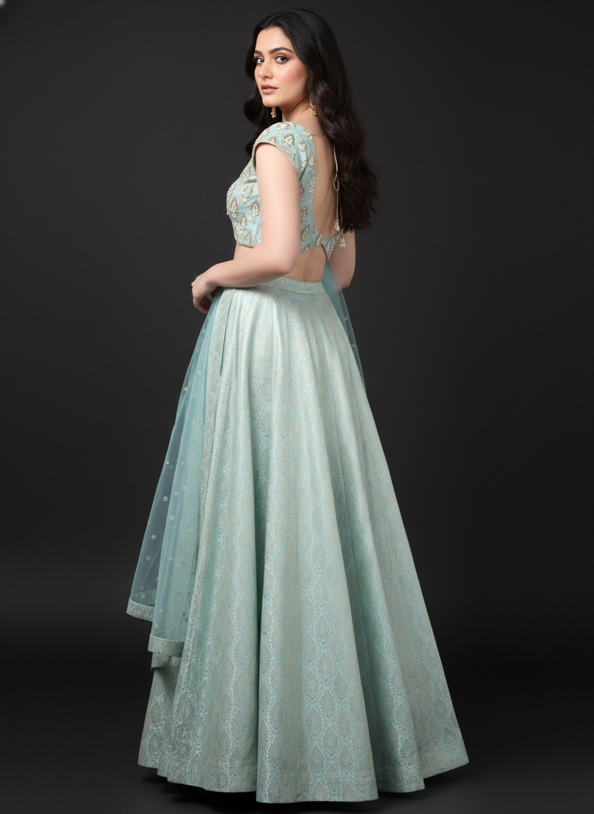 Misty Green Banarasi Lehenga Set with Net Embellished Dupatta