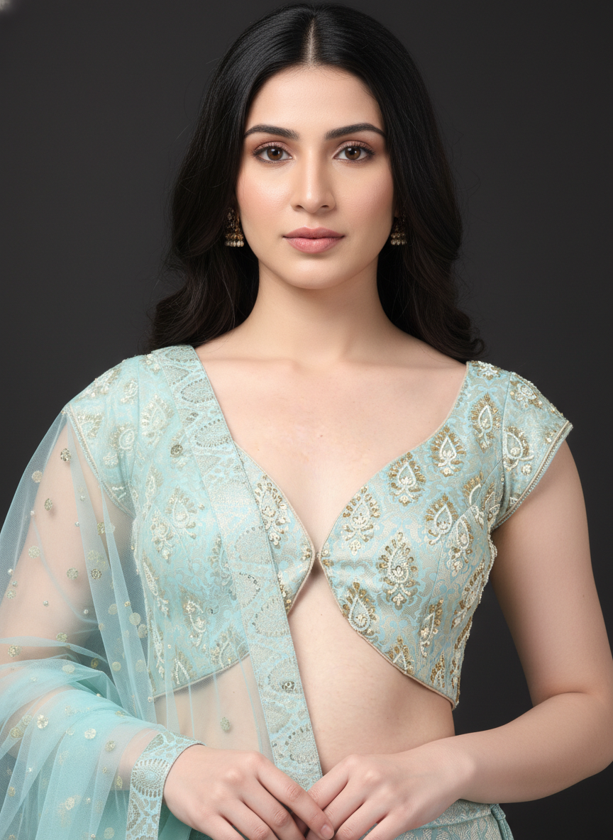 Misty Green Banarasi Lehenga Set with Net Embellished Dupatta