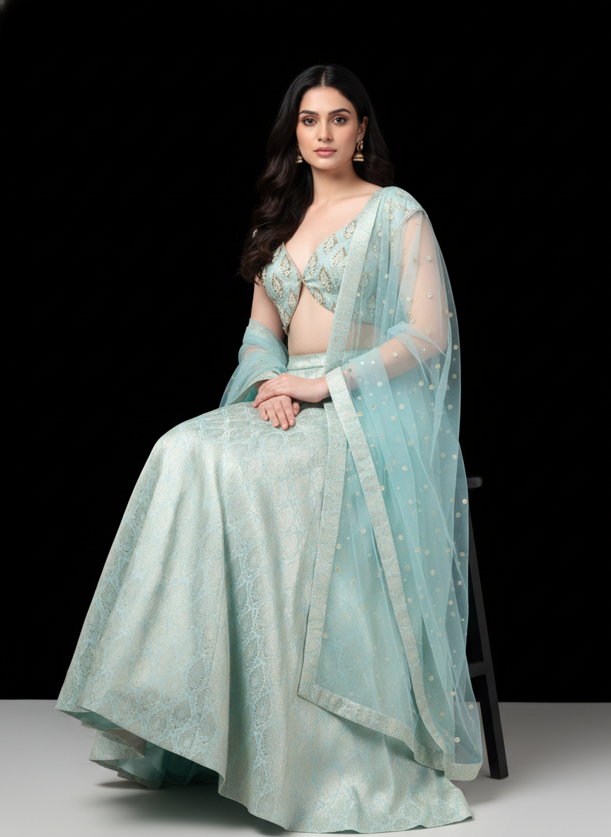 Misty Green Banarasi Lehenga Set with Net Embellished Dupatta