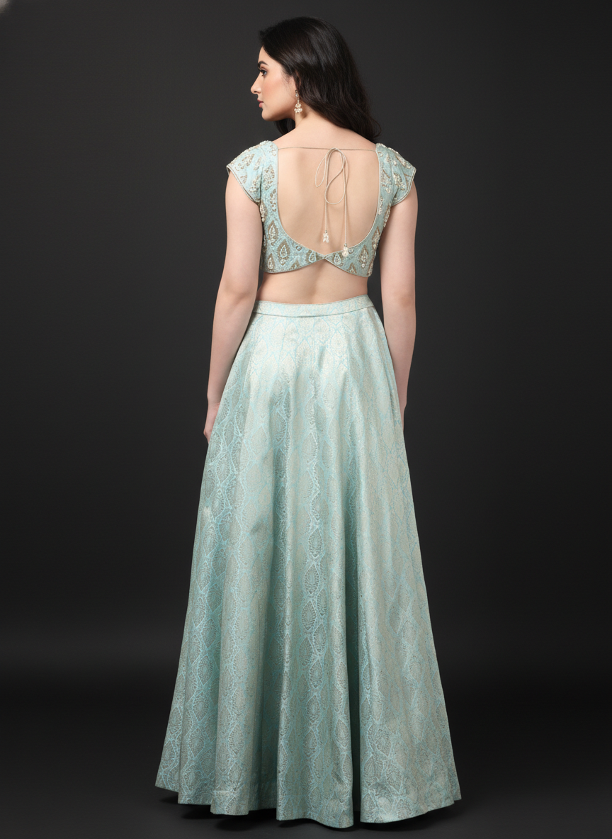 Misty Green Banarasi Lehenga Set with Net Embellished Dupatta