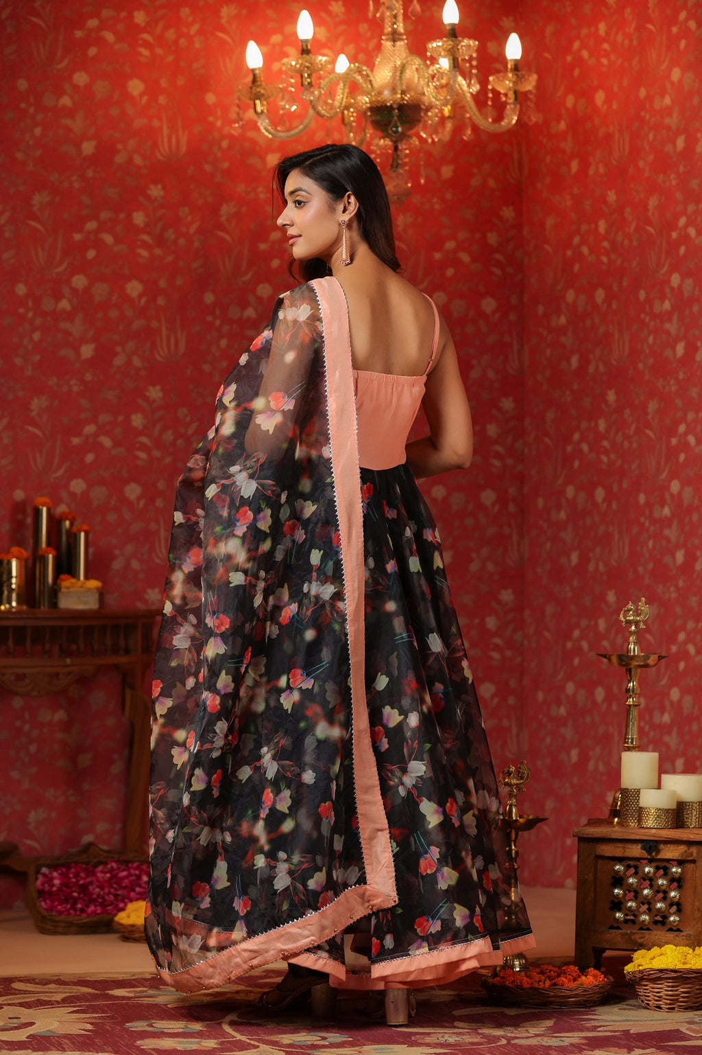 Black Organza Anarkali  Sleeveless Set Of 3