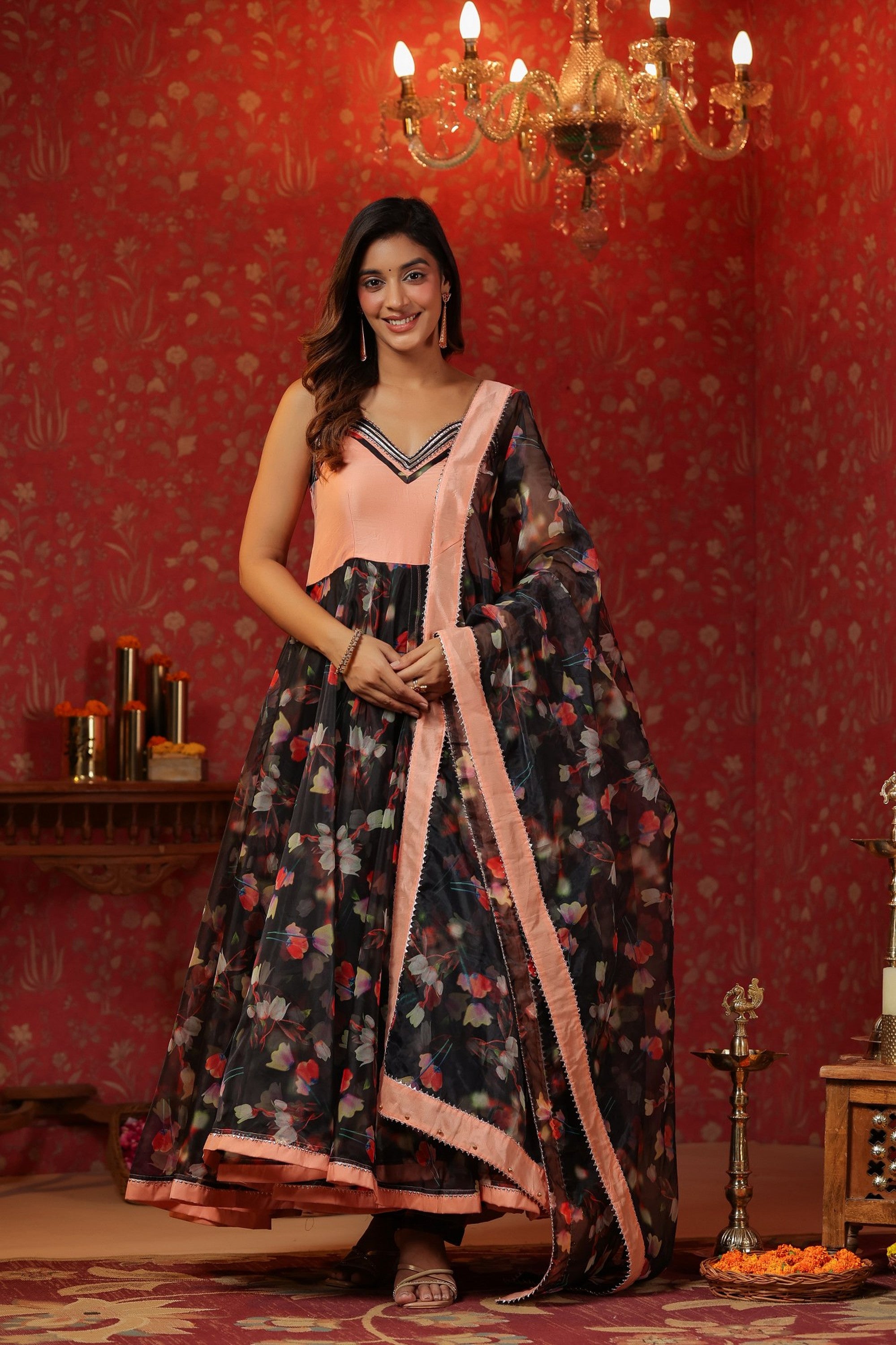 Black Organza Anarkali  Sleeveless Set Of 3