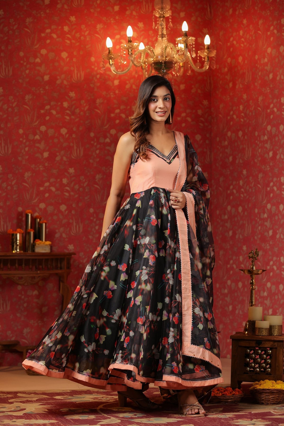 Black Organza Anarkali  Sleeveless Set Of 3